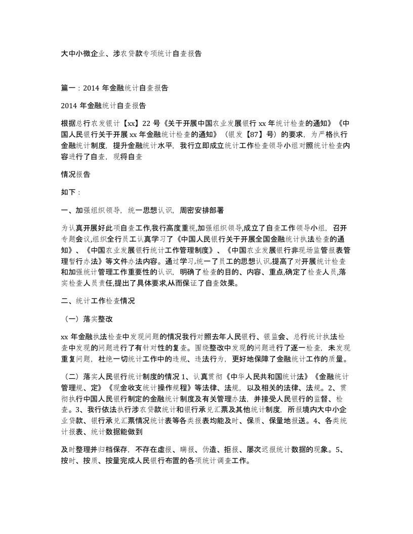 大中小微企业涉农贷款专项统计自查报告