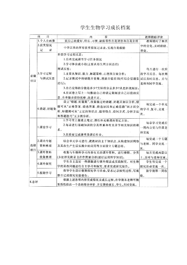 学生生物学习成长档案