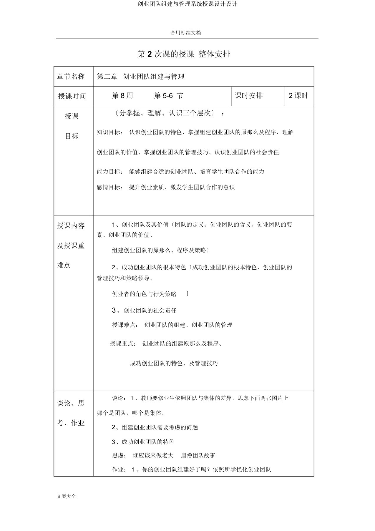 创业团队组建与管理系统教案设计