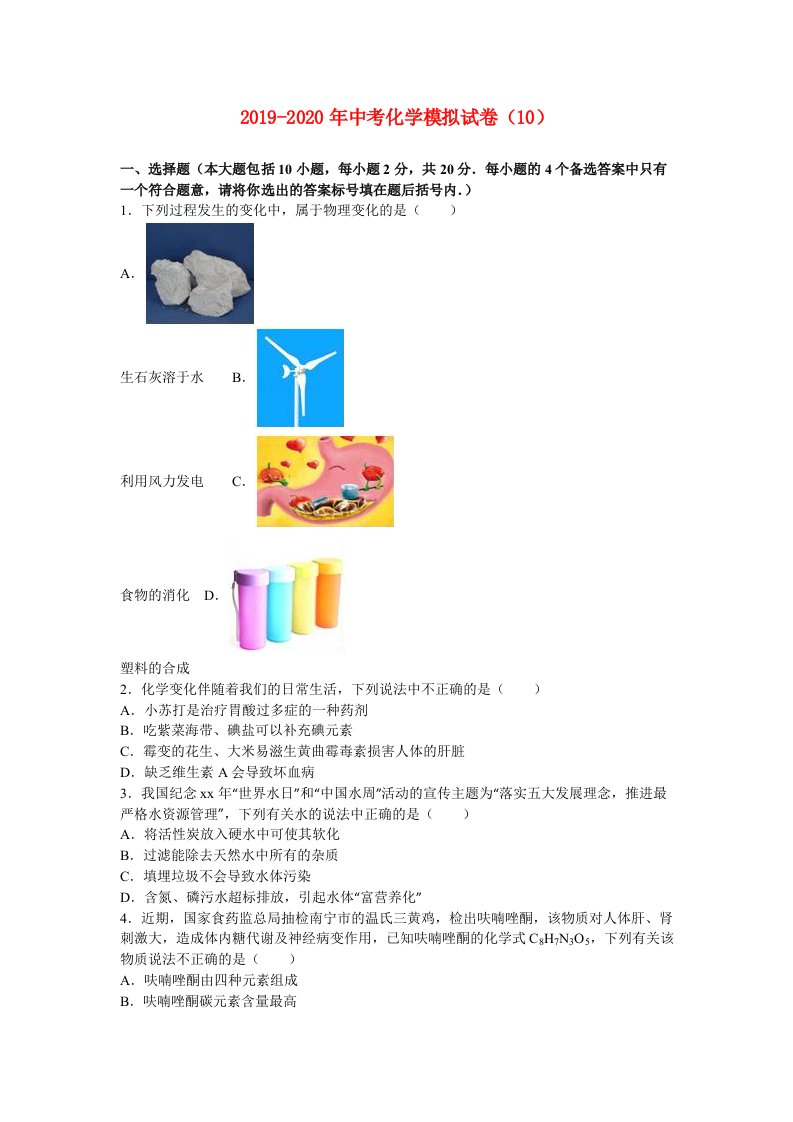 2019-2020年中考化学模拟试卷（10）