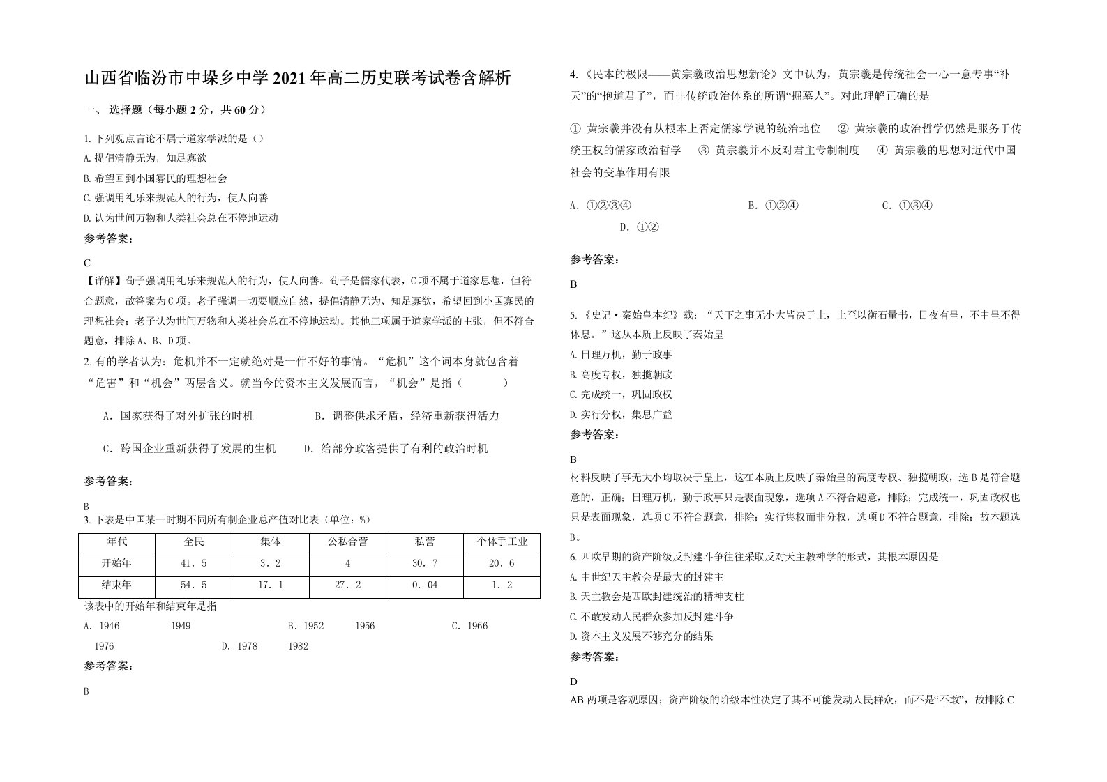 山西省临汾市中垛乡中学2021年高二历史联考试卷含解析