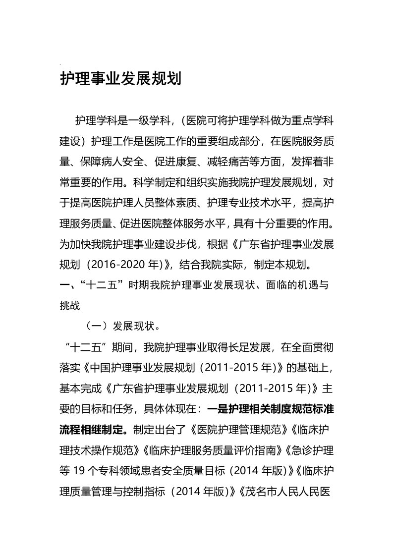 医院护理事业发展规划