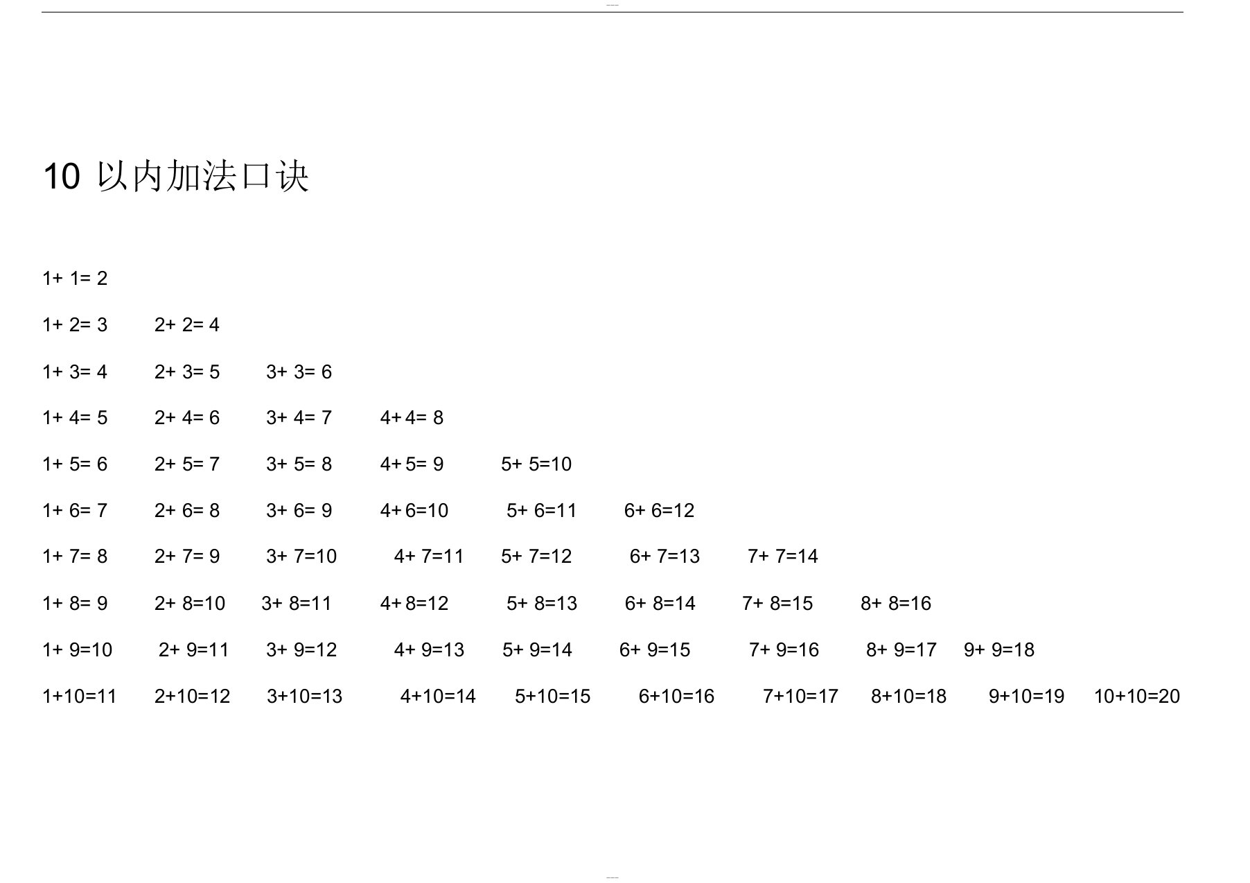 20以内加减法口诀表打印版