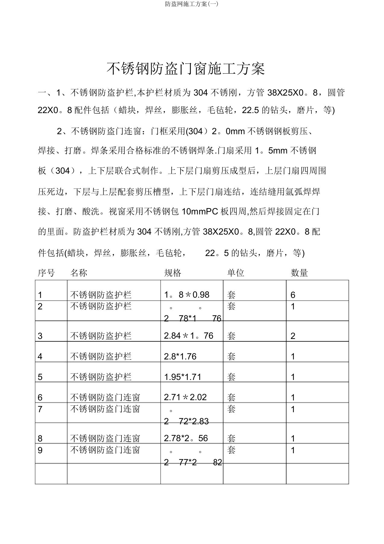 防盗网施工方案(一)