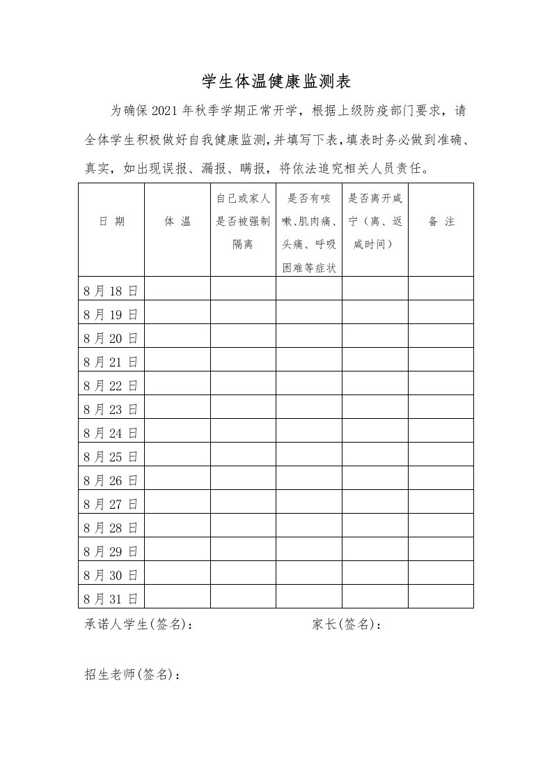 学生体温健康监测表