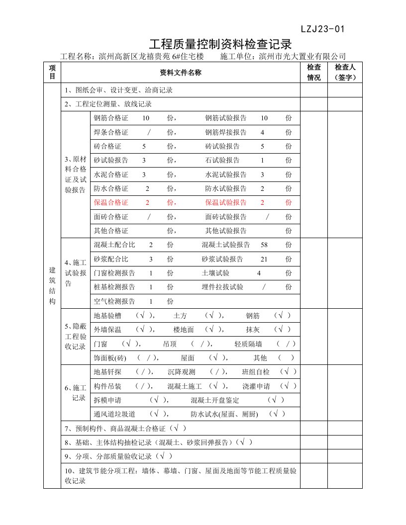 工程质量控制资料检查记录LZJ2301-03