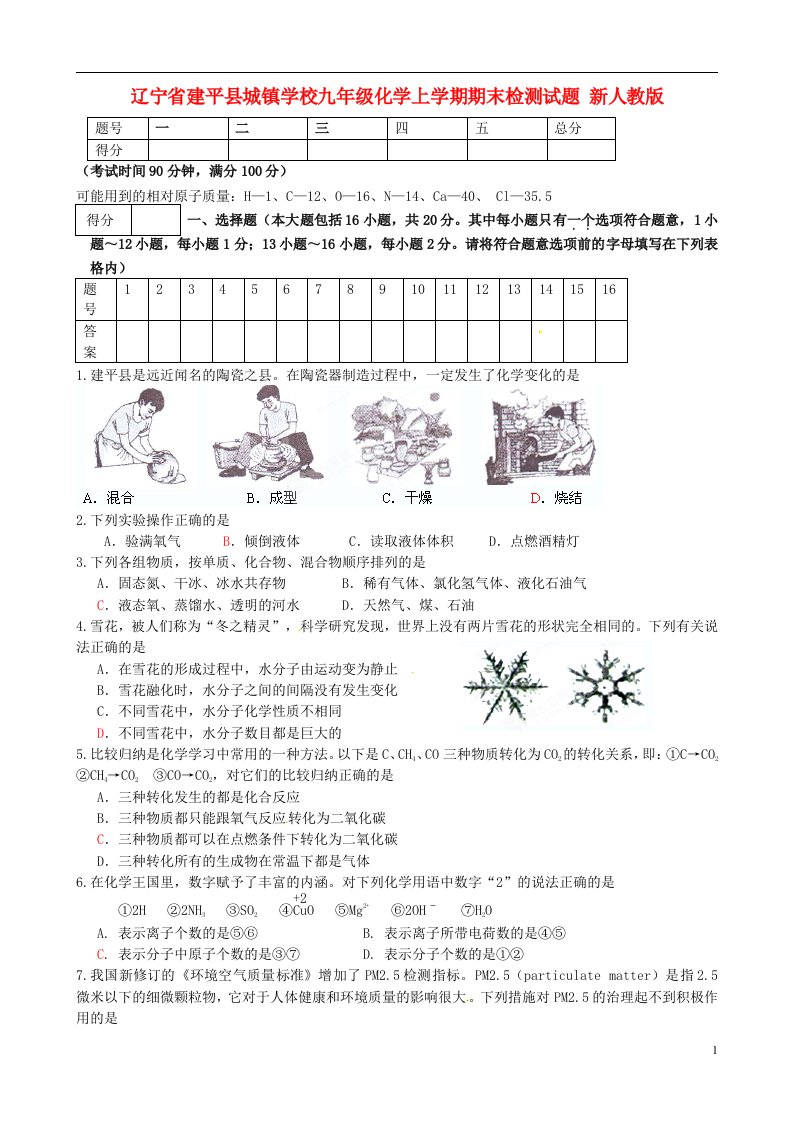 辽宁省建平县九级化学上学期期末检测试题