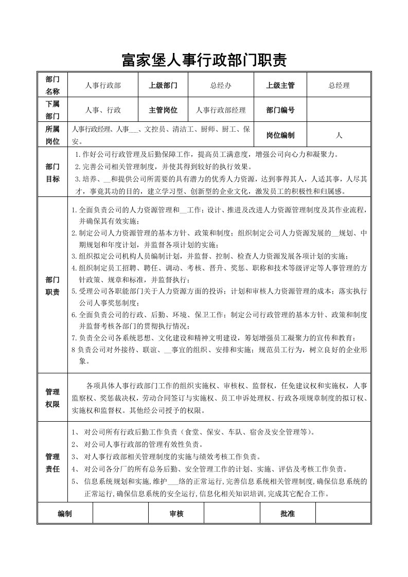 富家堡人事行政部及各部门职责