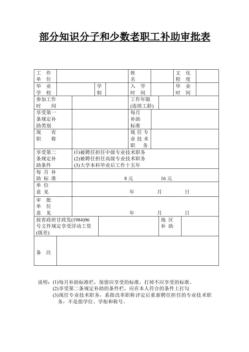 部分知识分子和少数老职工补助审批表