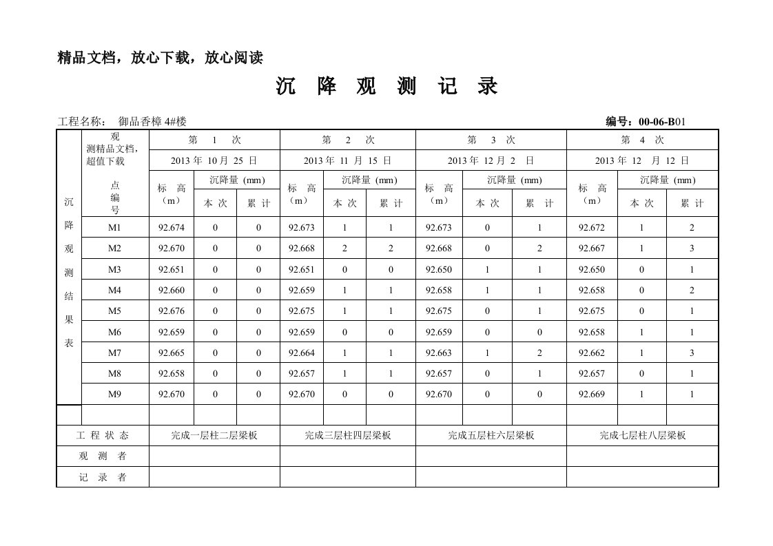 沉降观测记录表格模板