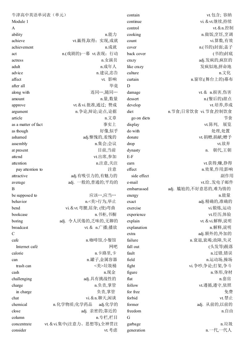 牛津高中英语单词表(单元M1-M4)整理完全汇总无广告无背景更清晰易打印