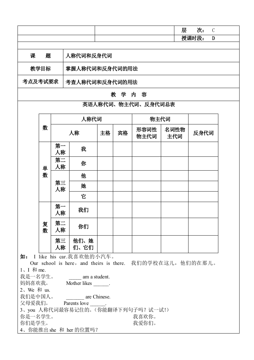 小学六年级英语人称代词