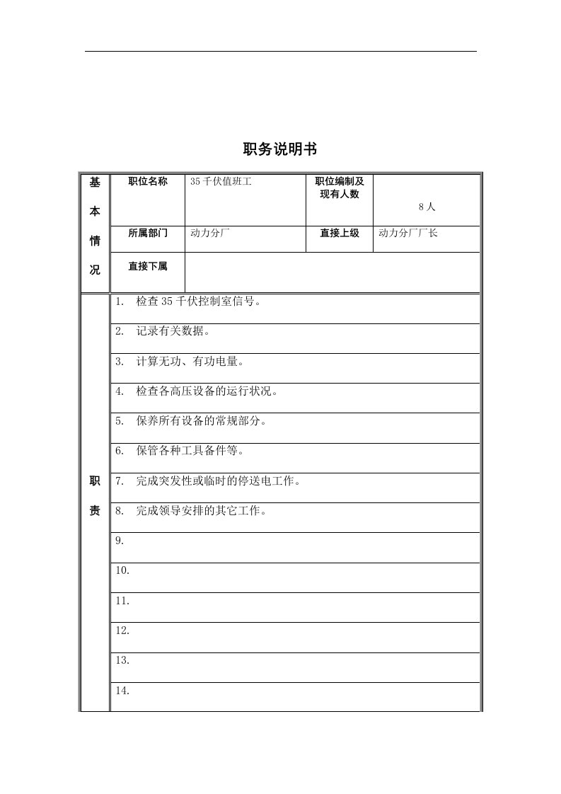 35千伏值班工岗位说明书