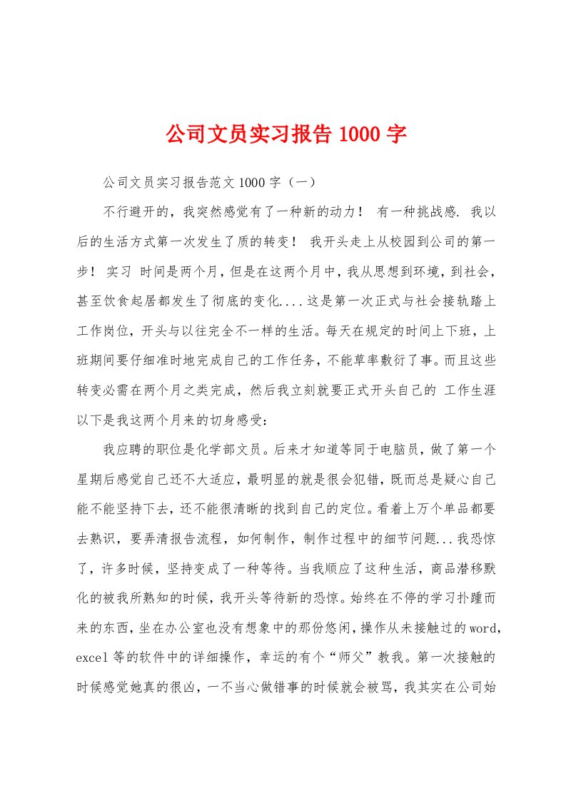 公司文员实习报告1000字