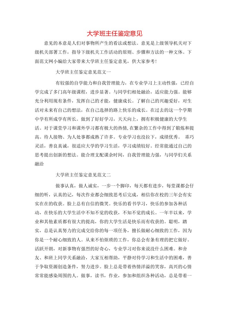 大学班主任鉴定意见