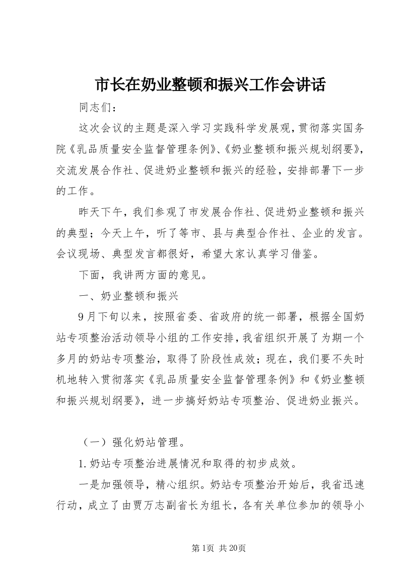 市长在奶业整顿和振兴工作会讲话