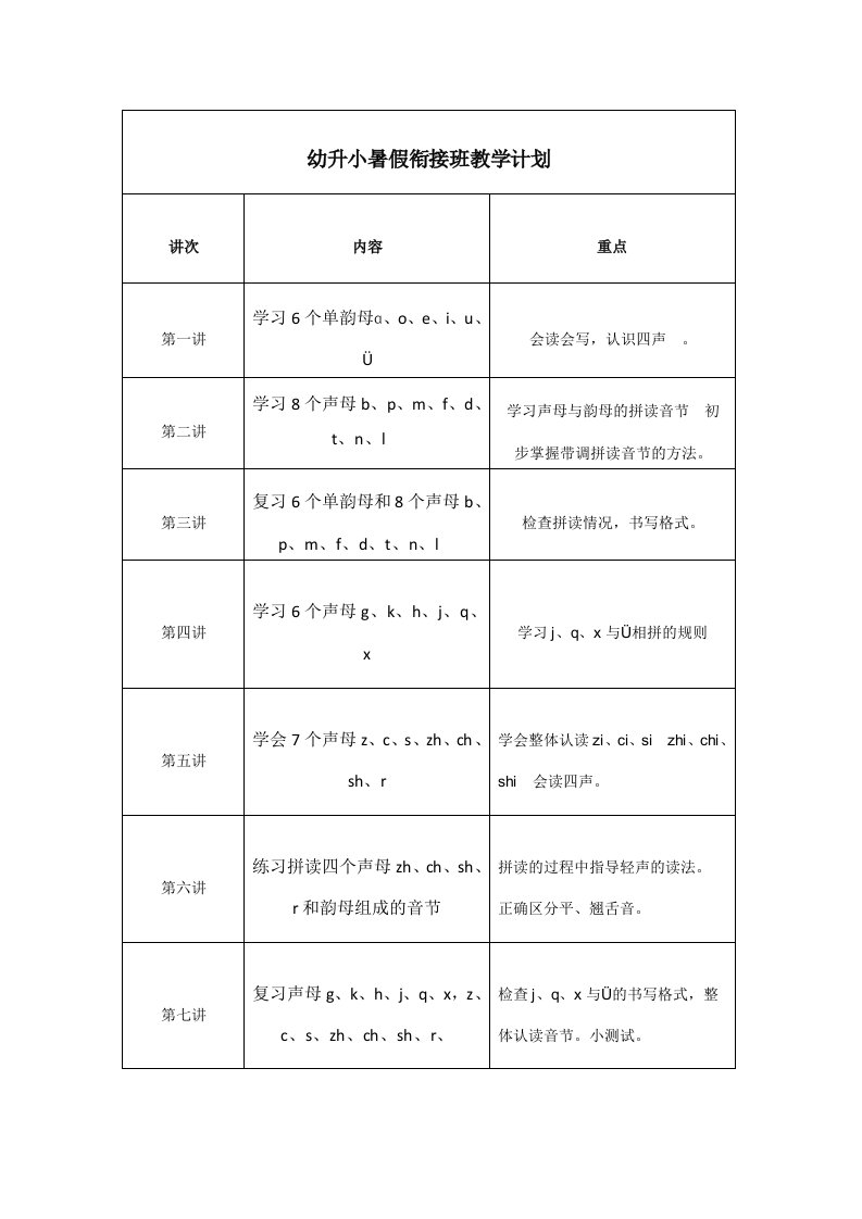 暑期幼小衔接拼音教学计划