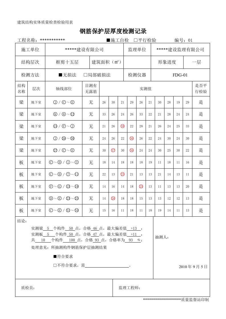 钢筋保护层厚度检测记录