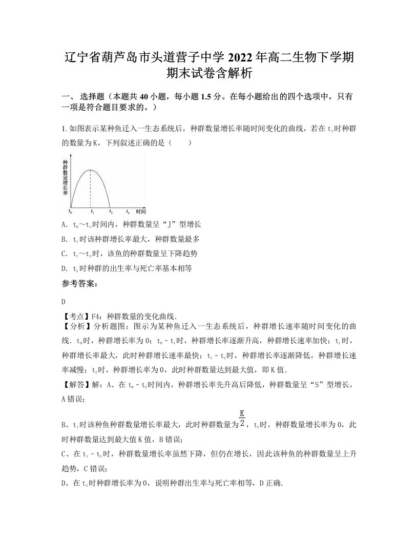 辽宁省葫芦岛市头道营子中学2022年高二生物下学期期末试卷含解析