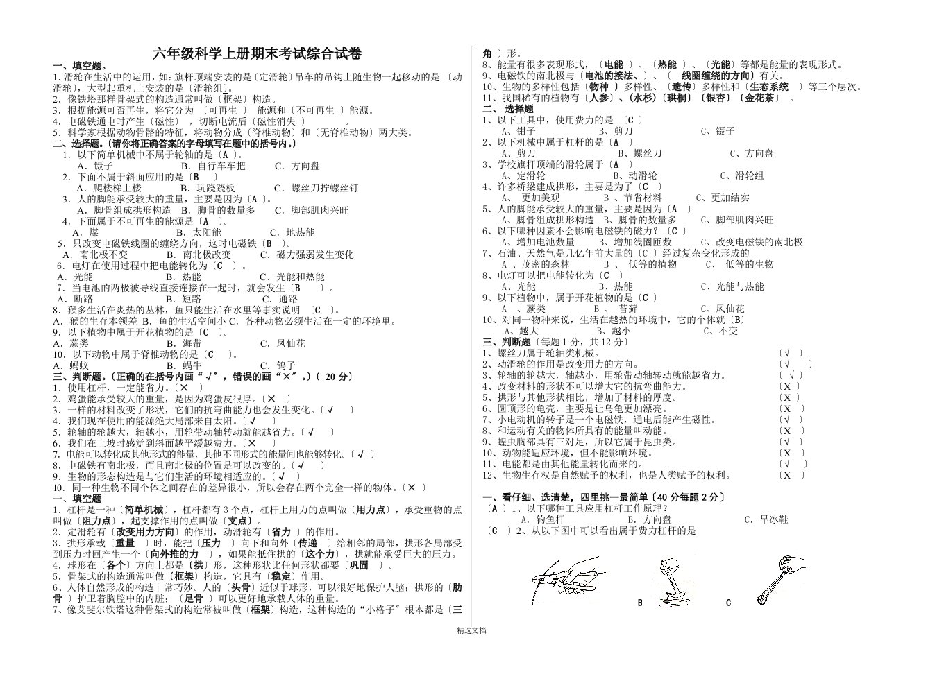 六年级上册科学试卷及答案(综合)