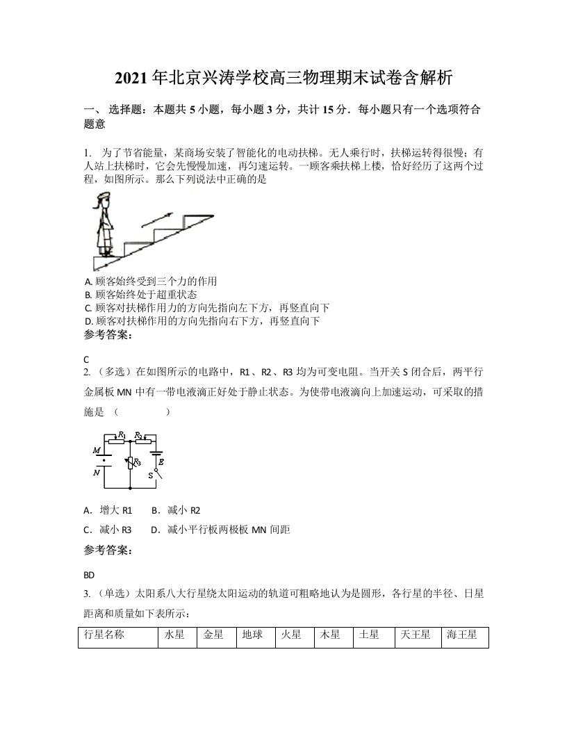 2021年北京兴涛学校高三物理期末试卷含解析