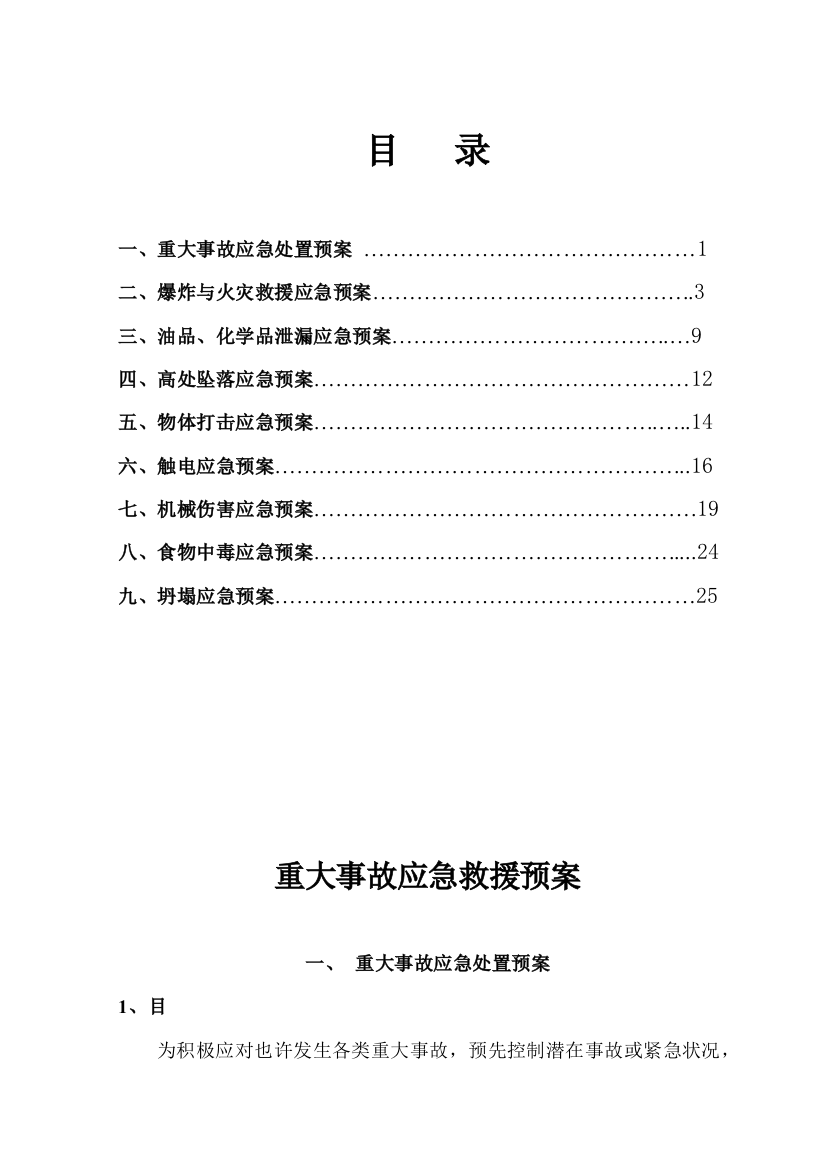 重大事故应急预案样本