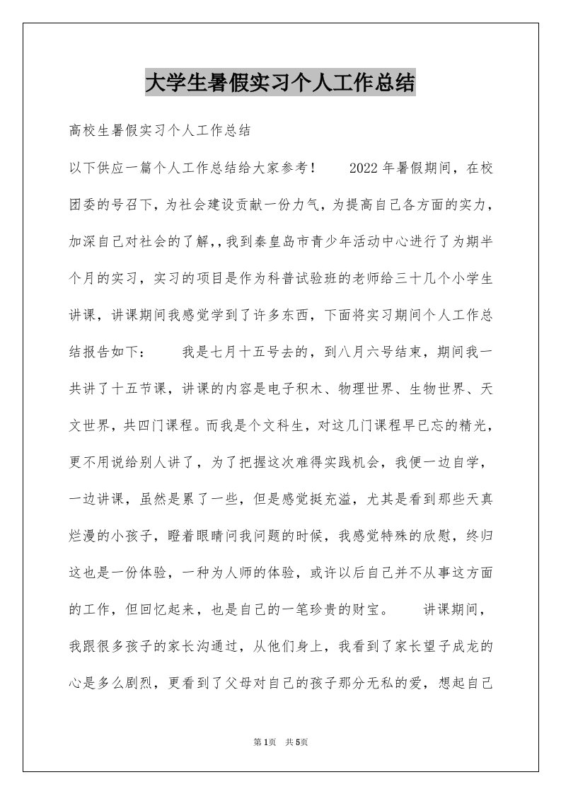 大学生暑假实习个人工作总结例文