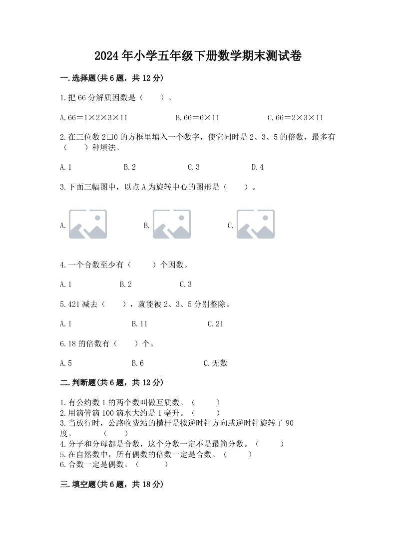 2024年小学五年级下册数学期末测试卷含完整答案（历年真题）