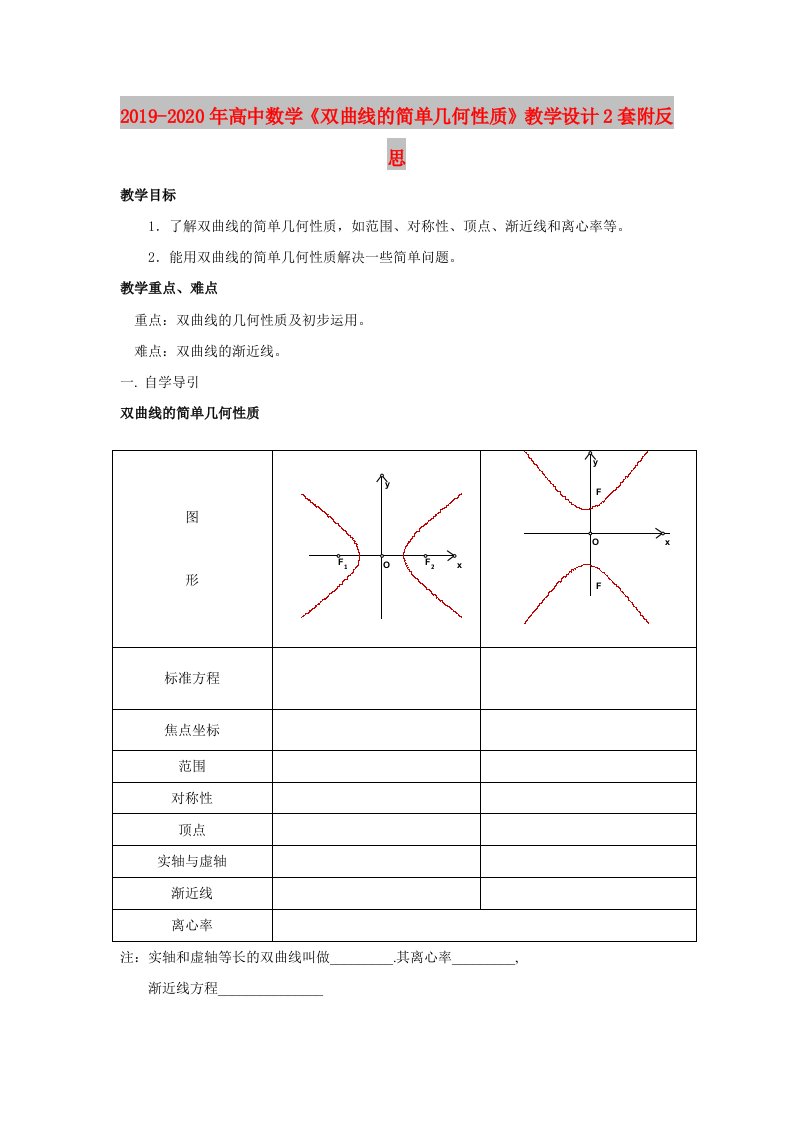 2019-2020年高中数学《双曲线的简单几何性质》教学设计2套附反思