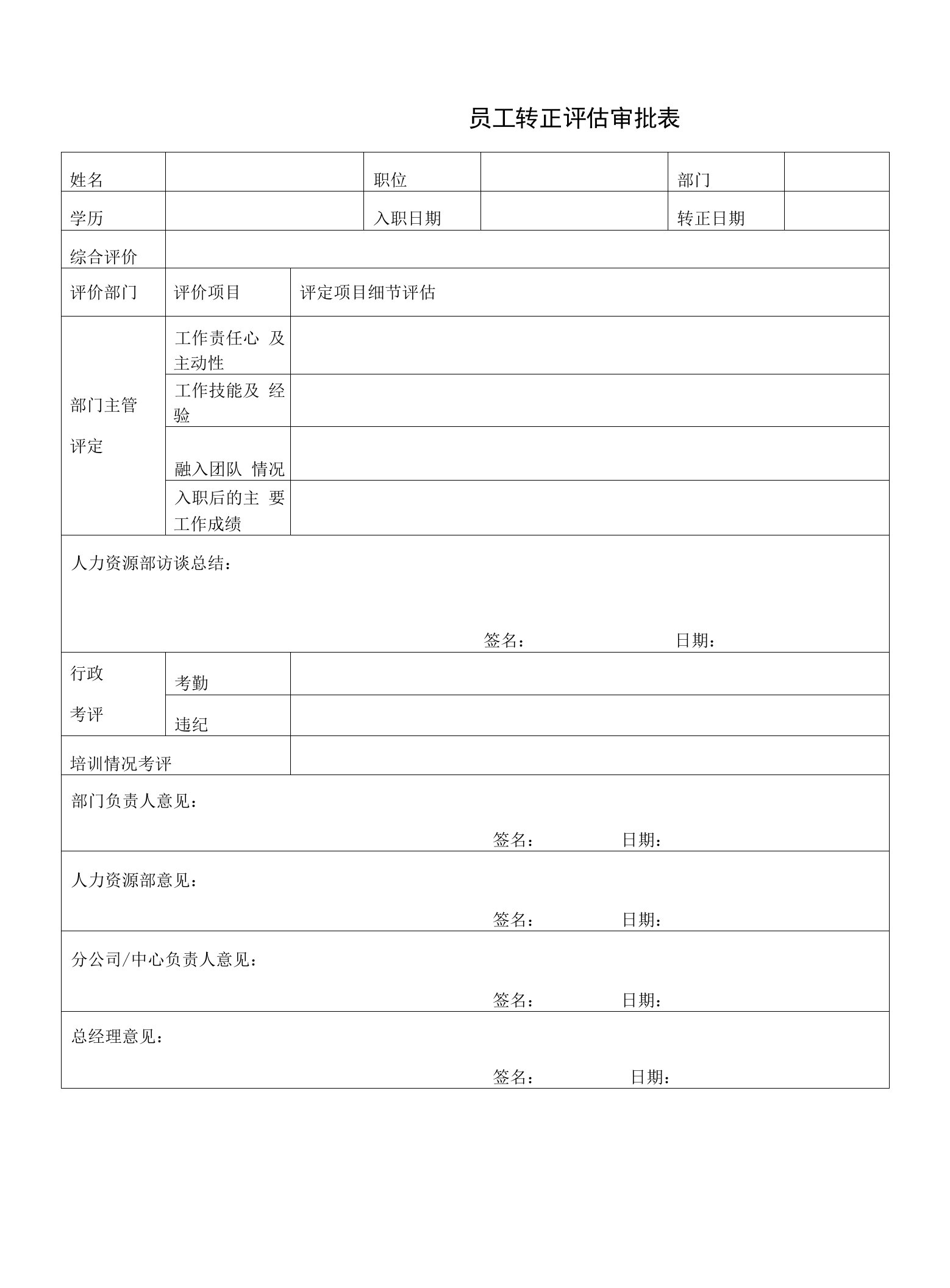 员工转正评估审批表