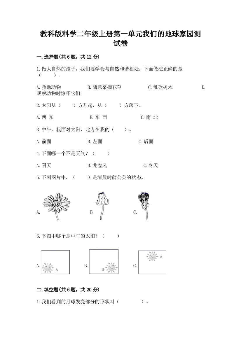 教科版科学二年级上册第一单元我们的地球家园测试卷及答案【精品】