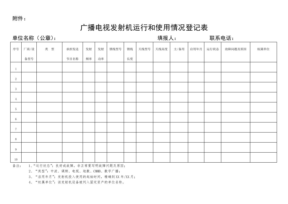 广播电视发射机运行和使用情况登记表