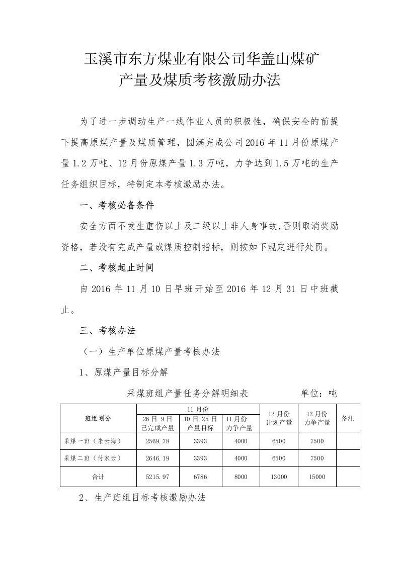 华盖山煤矿产量及煤质考核激励办法