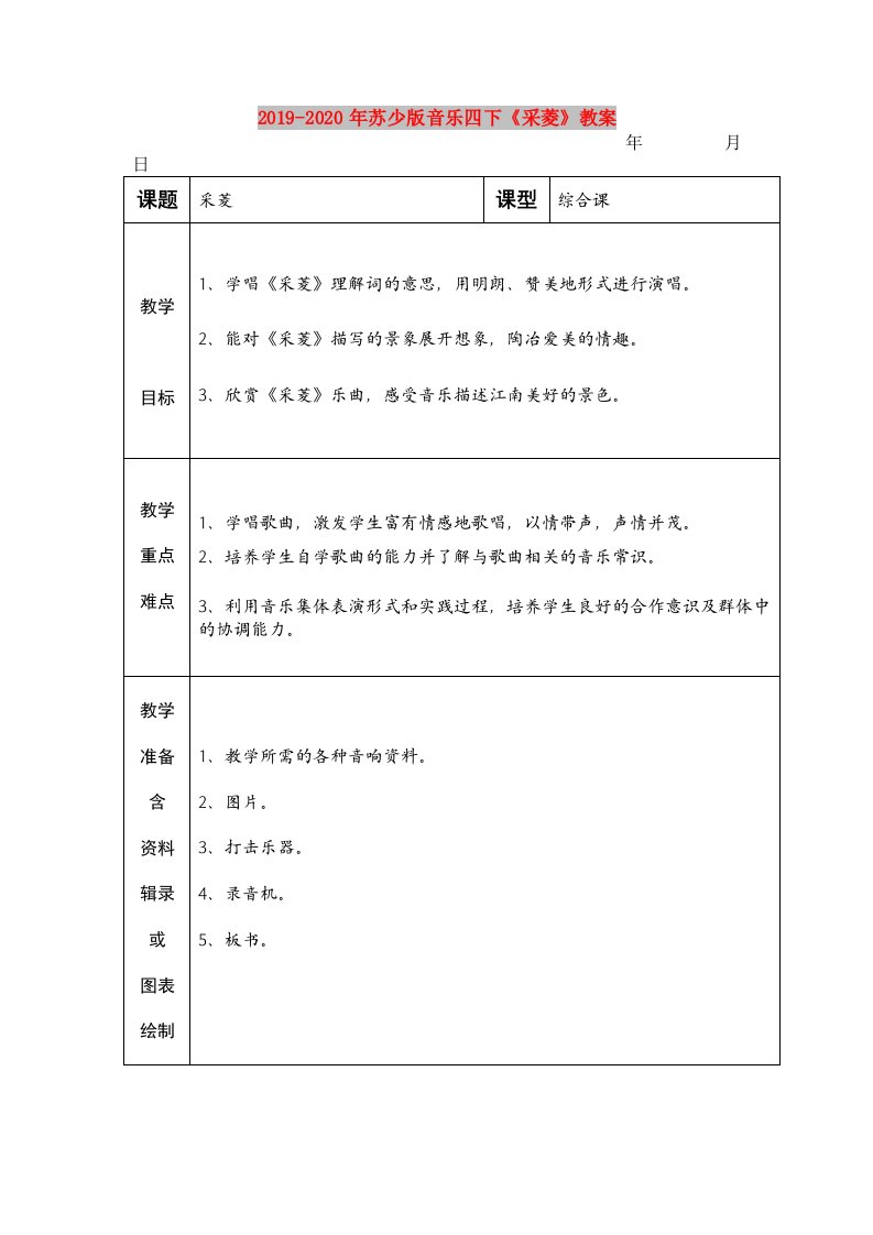 2019-2020年苏少版音乐四下《采菱》教案