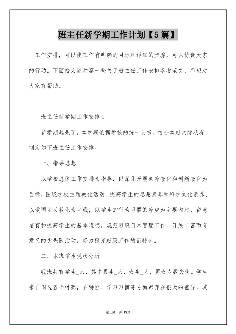 班主任新学期工作计划5篇