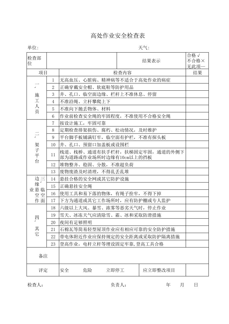 高空作业安全检查表