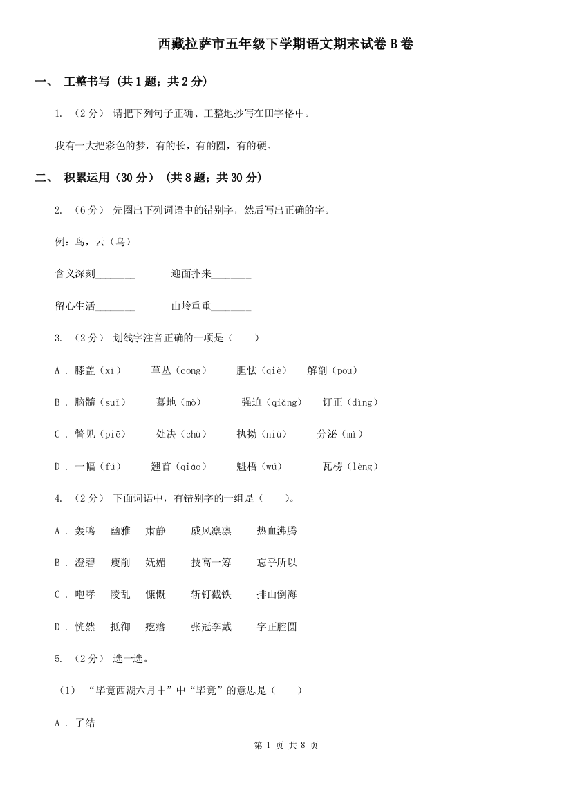 西藏拉萨市五年级下学期语文期末试卷B卷