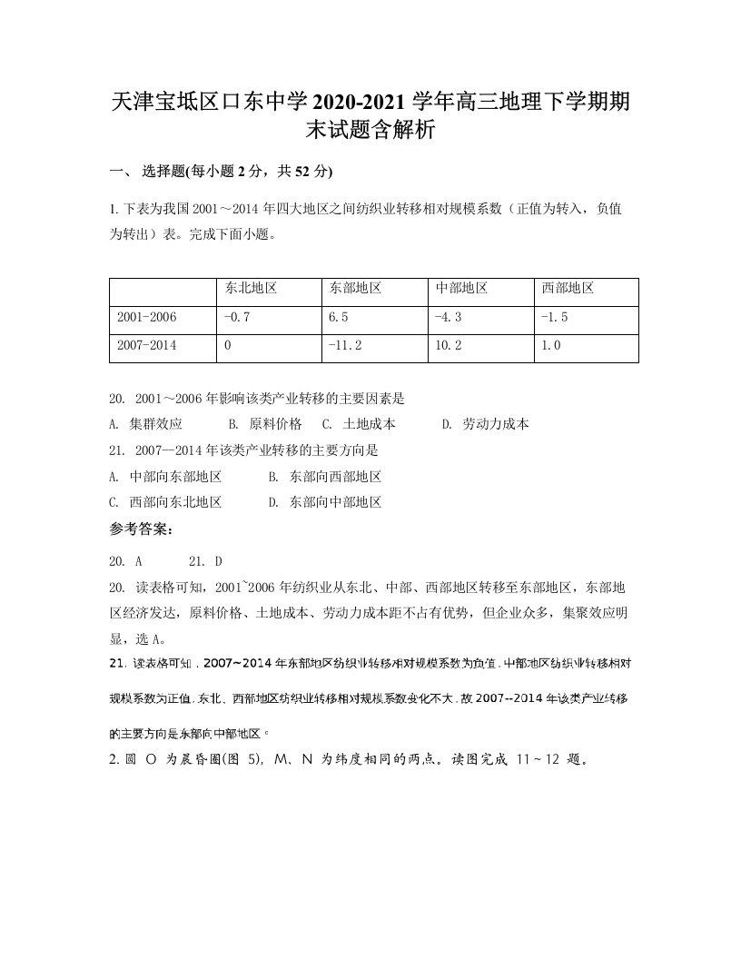 天津宝坻区口东中学2020-2021学年高三地理下学期期末试题含解析