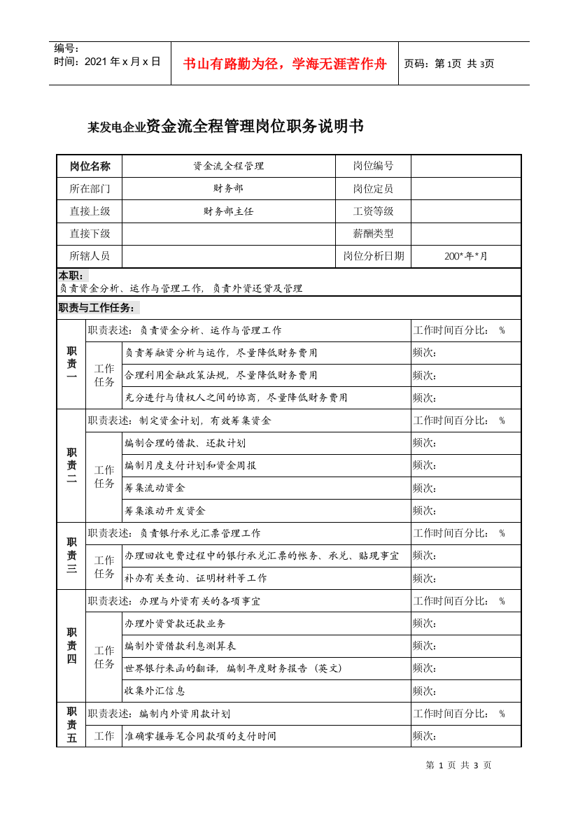 某发电企业资金流全程管理岗位职务说明书