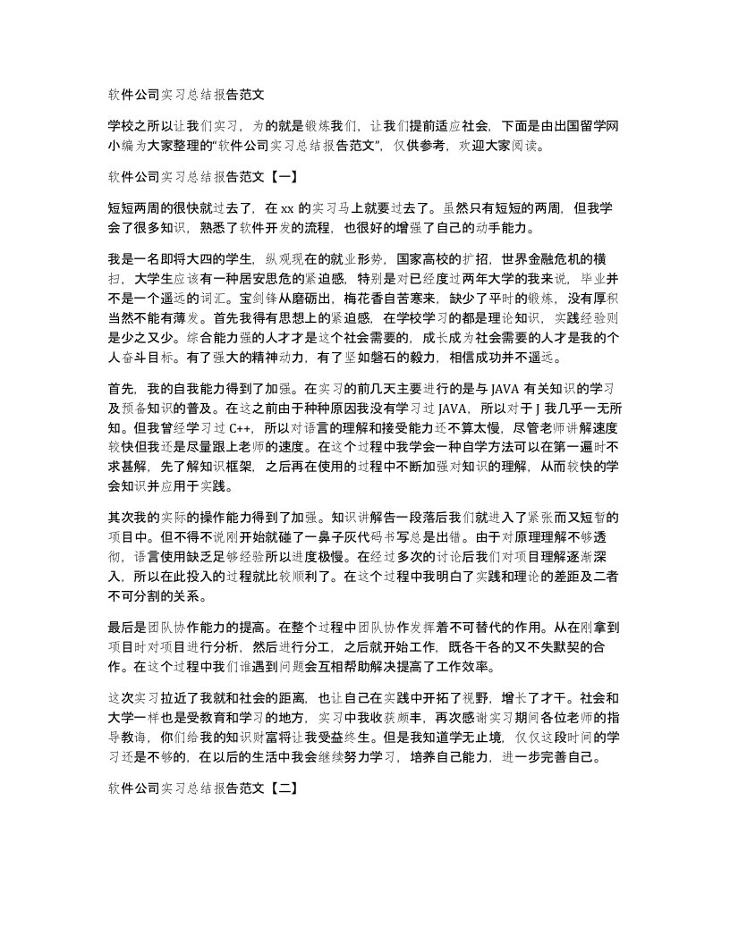 软件公司实习总结报告范文