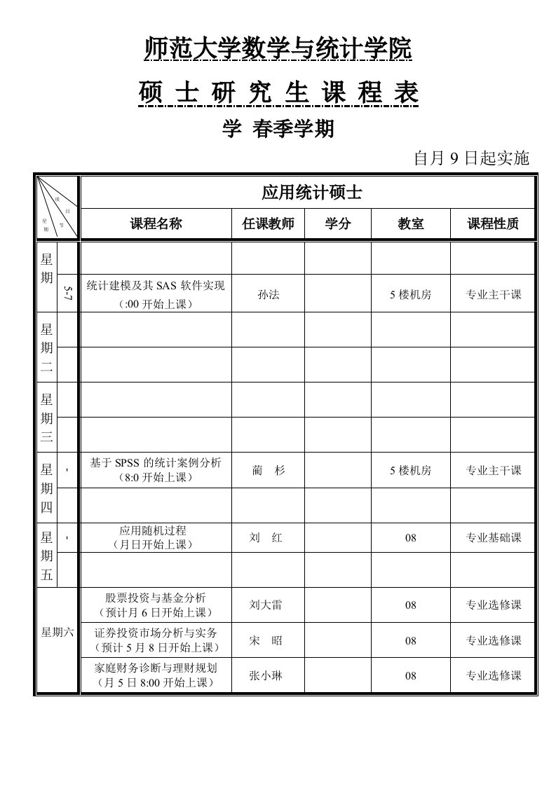 师范大学数学系研究生课程表