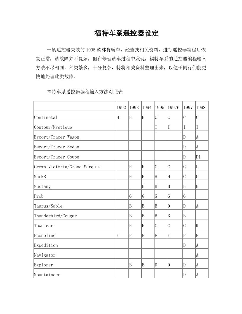 福特车系遥控器设定