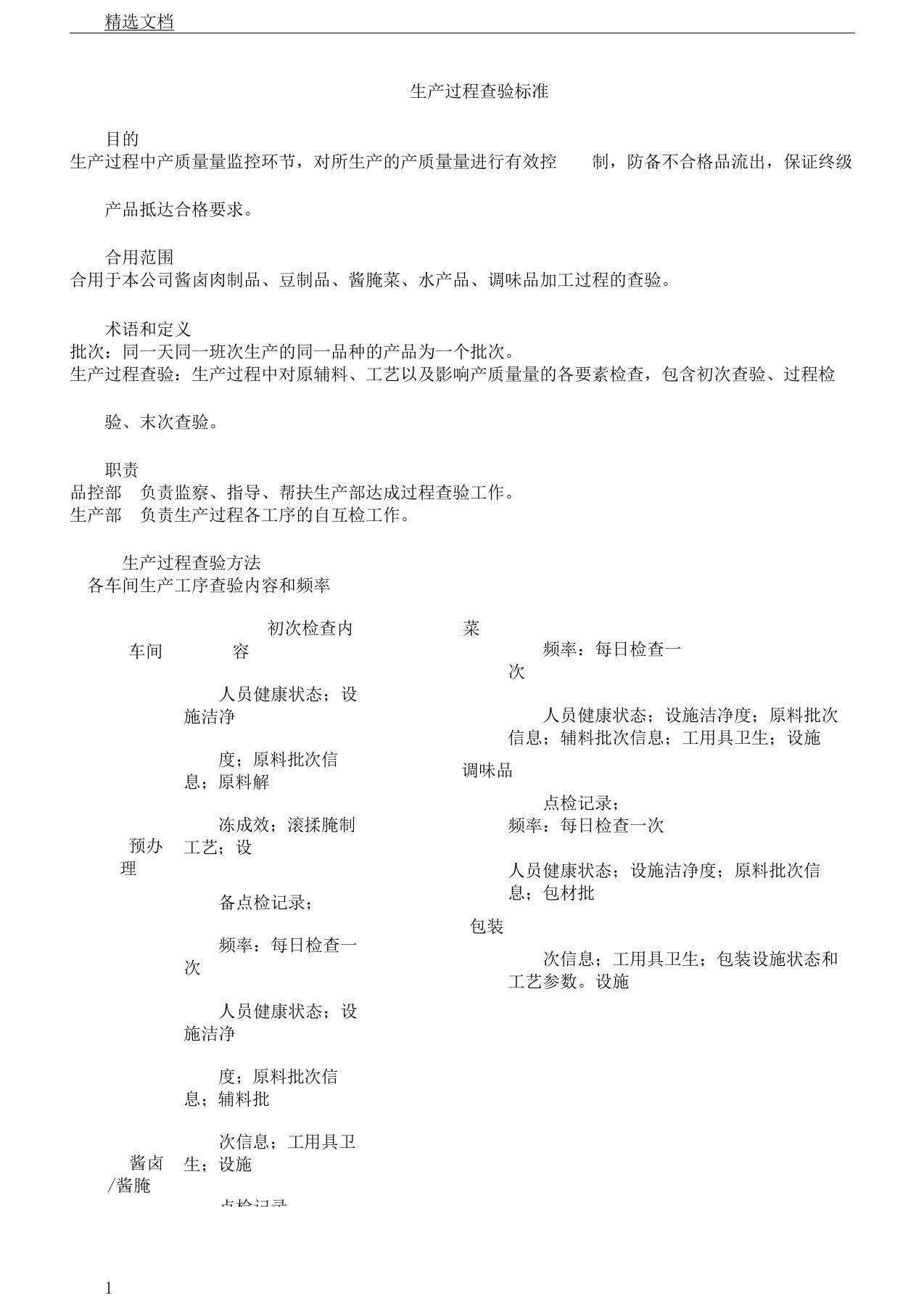 酱卤肉制品、调味品生产过程检验标准