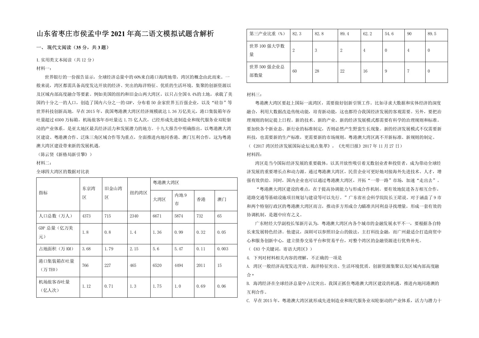 山东省枣庄市侯孟中学2021年高二语文模拟试题含解析