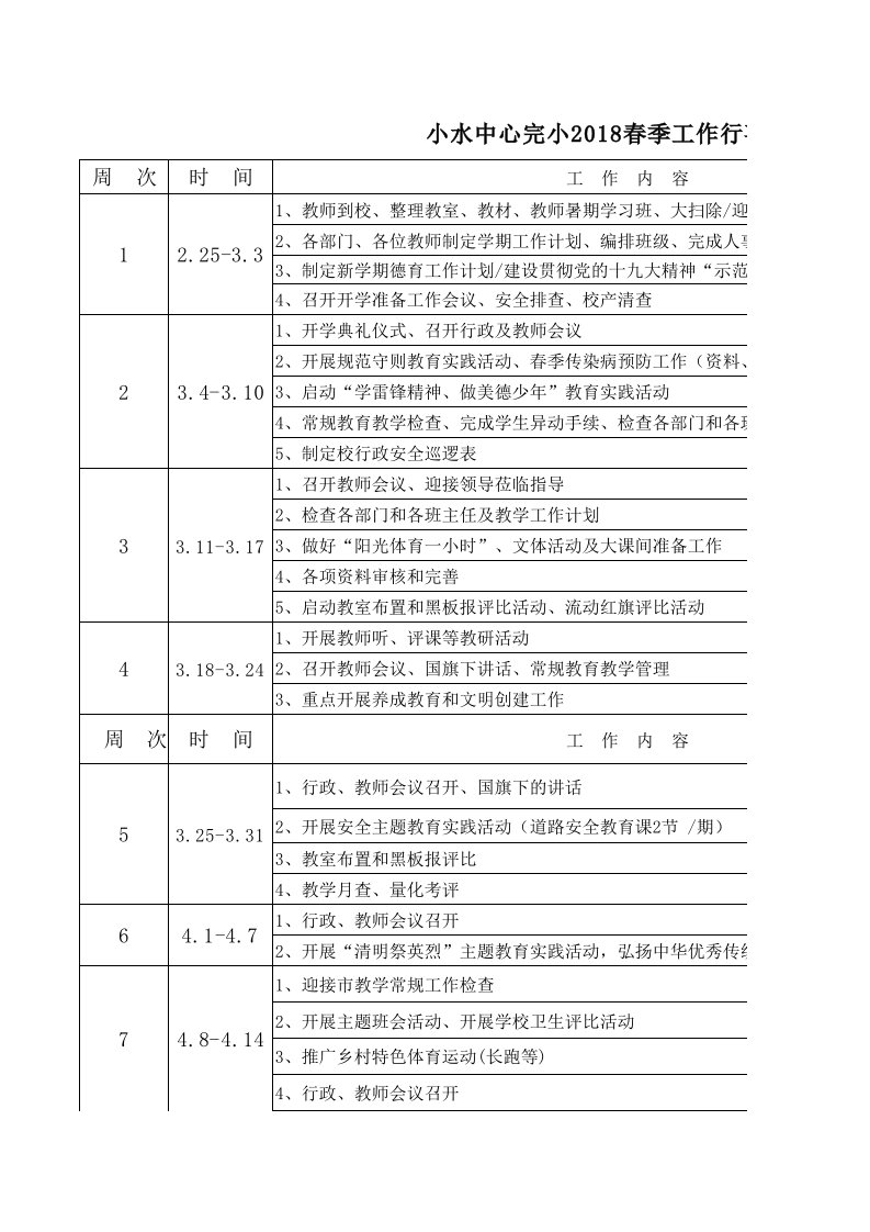 2018春季学校工作行事历