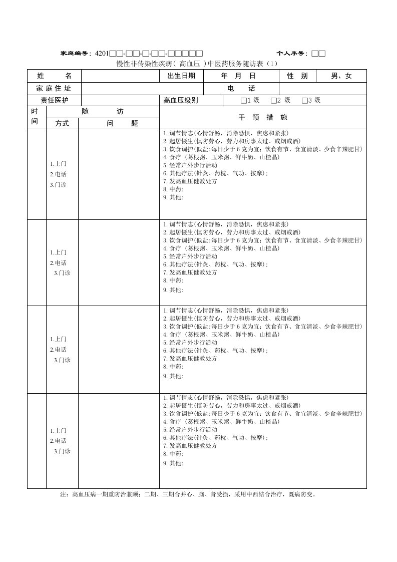 高血压中医随访表