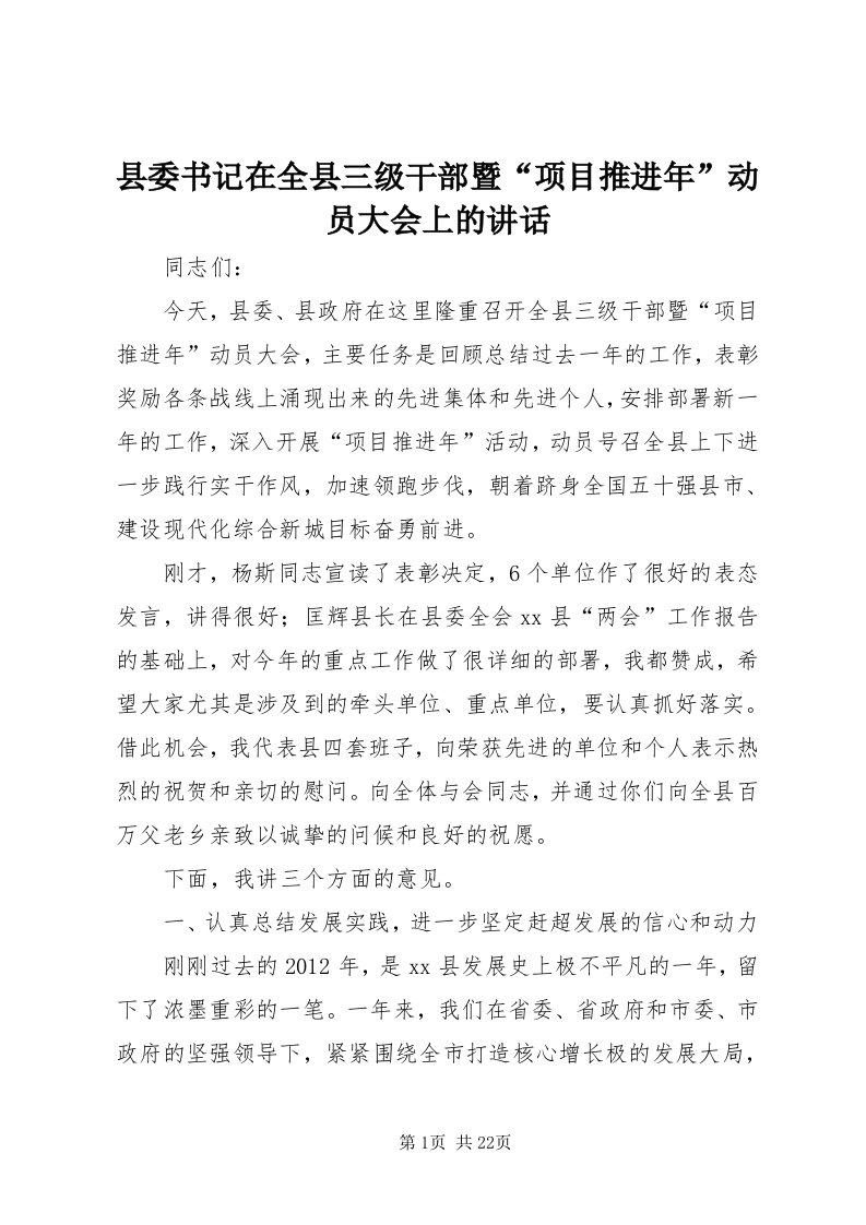 6县委书记在全县三级干部暨“项目推进年”动员大会上的致辞