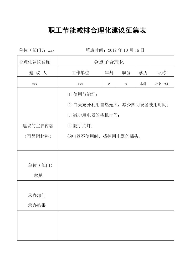 职工节能减排合理化建议征集表