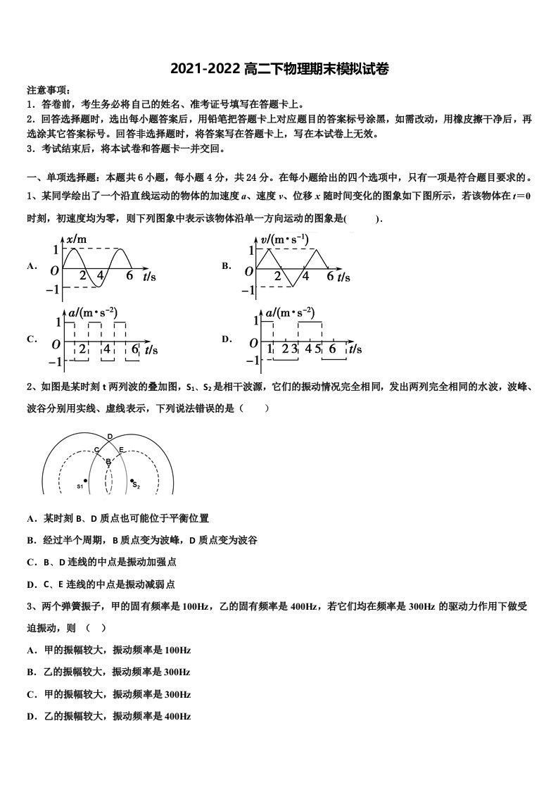 2022届江苏省苏州市实验中学教育集团高二物理第二学期期末学业水平测试模拟试题含解析