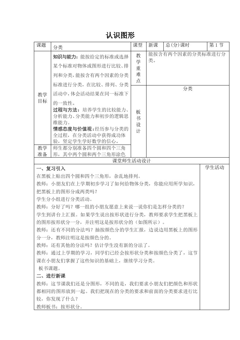 小学数学二册认识图形教案设计